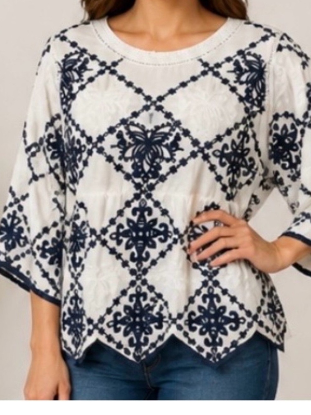 Kindred Boho Tunic Blouse Embroidered White/Navy Women's Size XL New With Tag